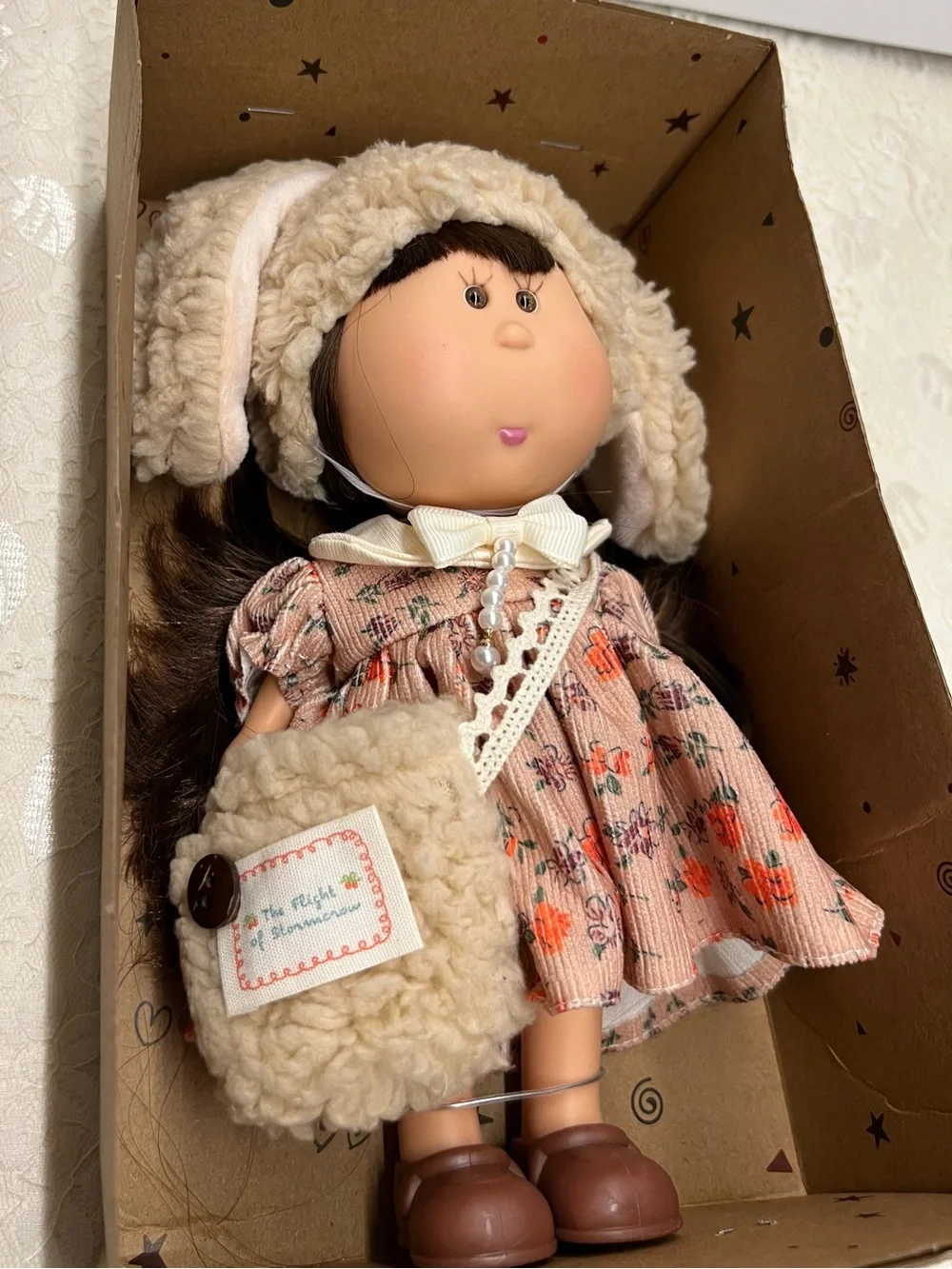 New, Mia Potato Doll with Plush Winter Hat and Floral Dress - Cream & Pink
